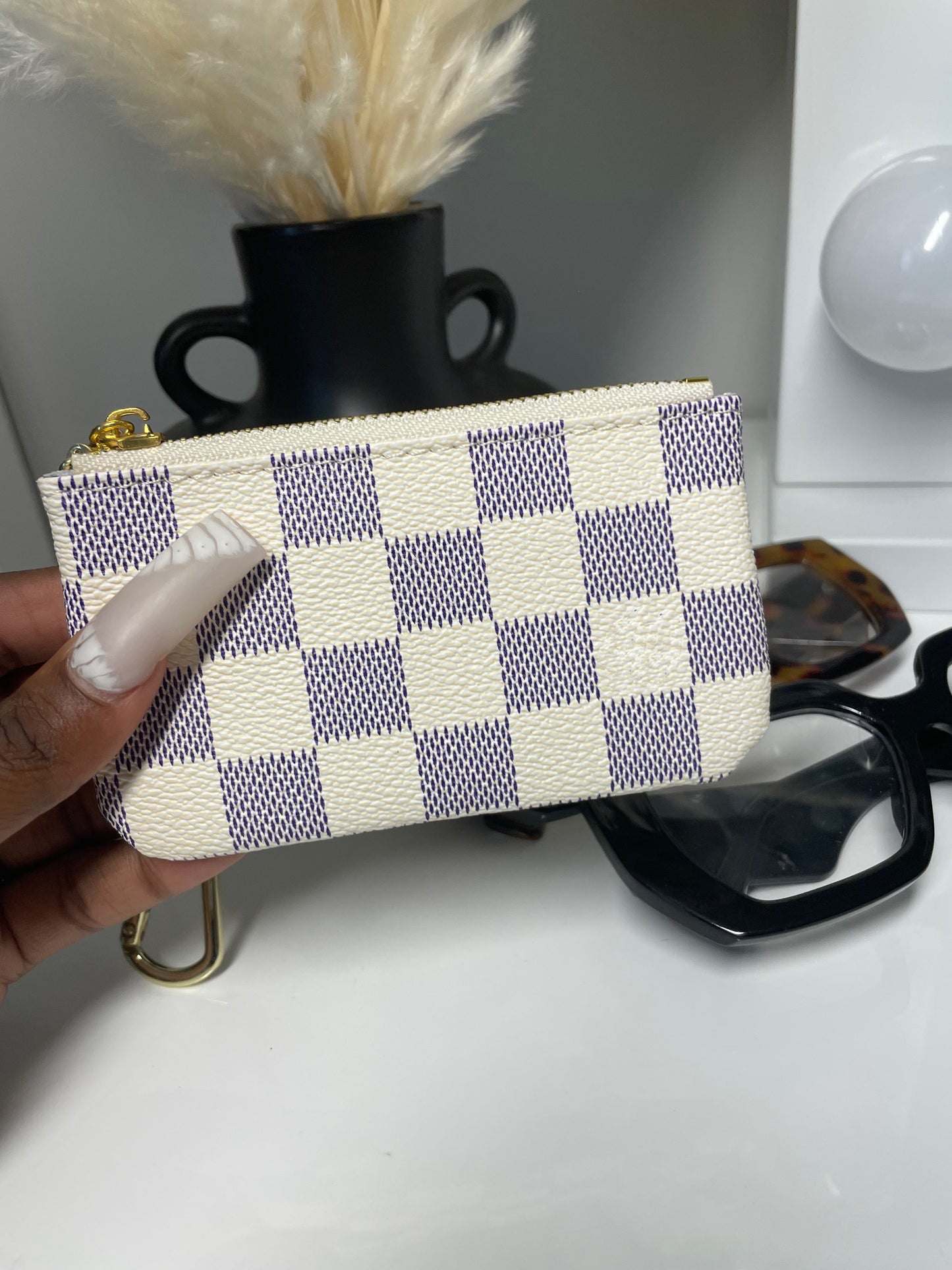 White Checker Card Holder